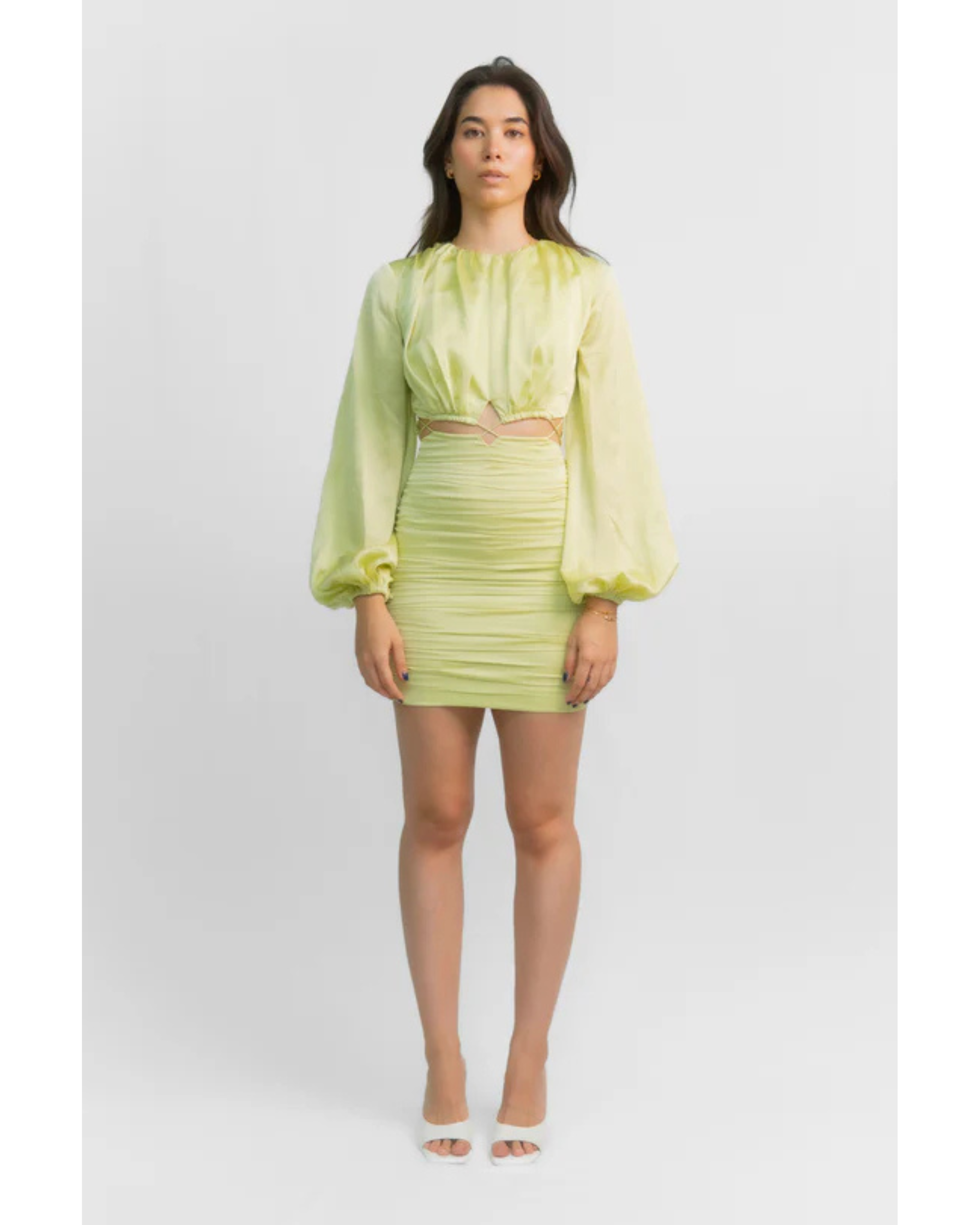 Lime green Coco Mini dress with puffed sleeves and ruched skirt — Finders Keepers | Endless UAE