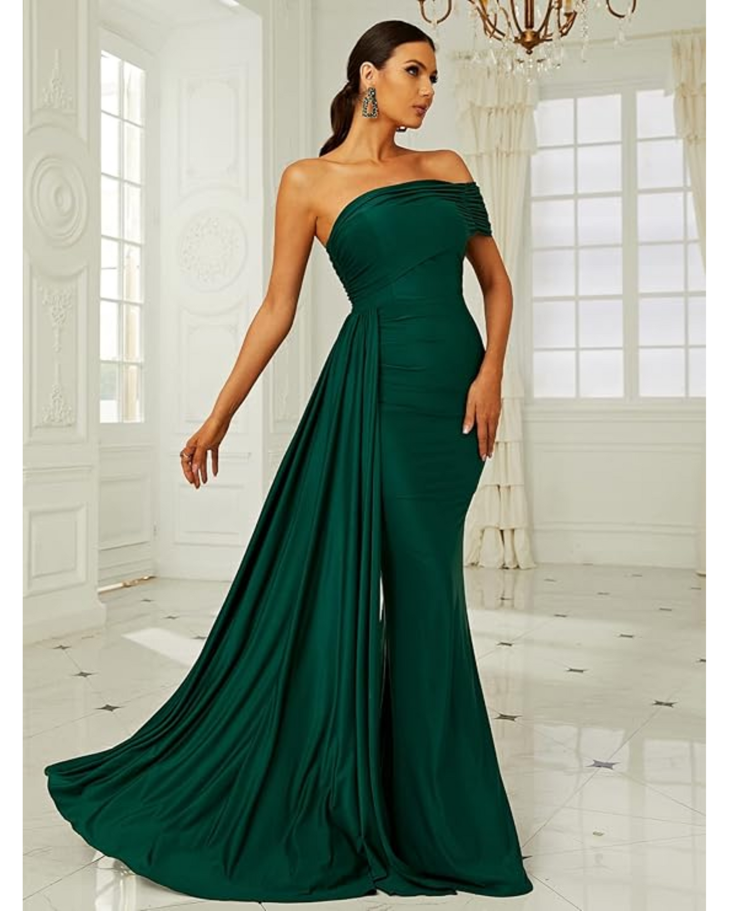 One Shoulder Ruched Draped Side Floor Length Formal Dress