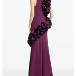 Burgundy halter gown with ruffled appliqué detailing on sides — Greta Constantine | Endless UAE