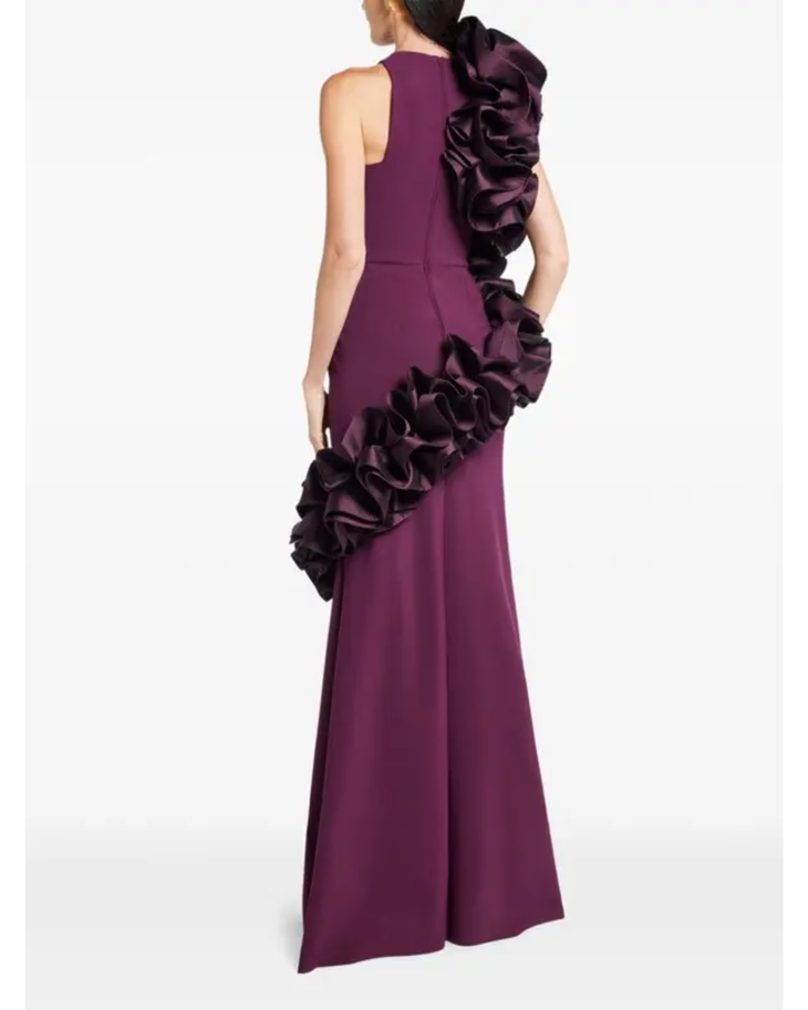 Burgundy halter gown with ruffled appliqué detailing on sides — Greta Constantine | Endless UAE