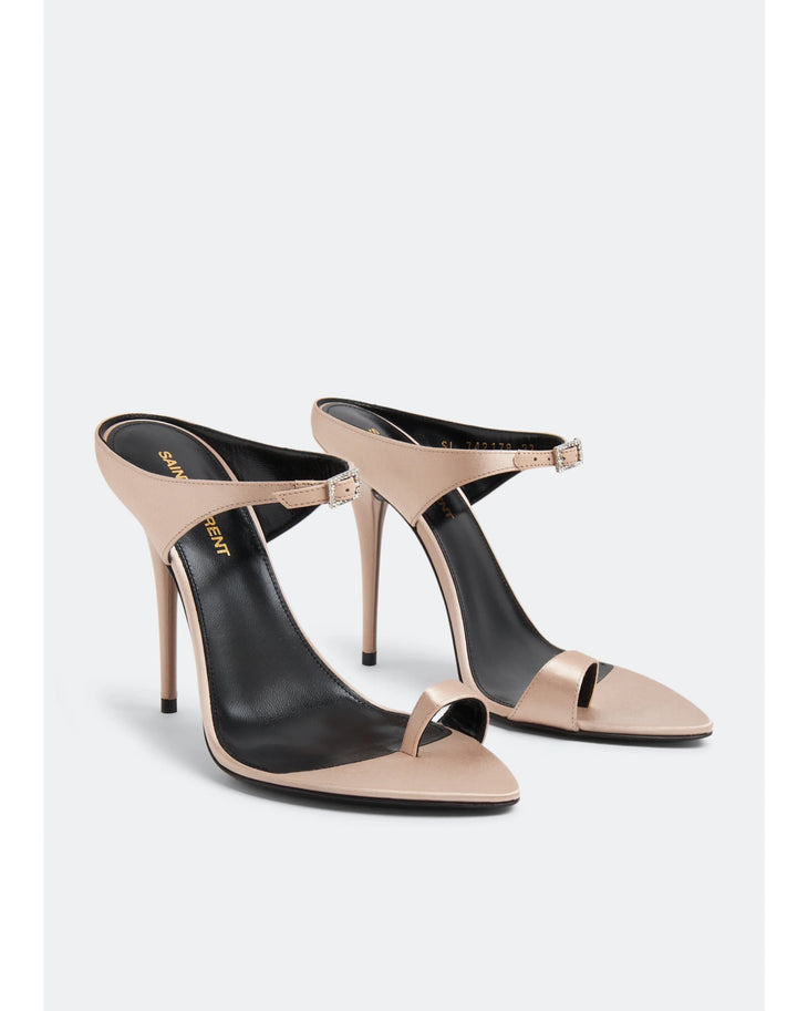 Beige satin high-heel mules with crystal buckle ankle strap and black insole — Yves Saint Laurent | Endless UAE