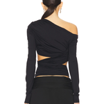 Black asymmetrical one-shoulder wrap top with ruched detailing and cutout back — Lioness | Endless UAE