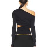 Black asymmetrical one-shoulder wrap top with ruched detailing and cutout back — Lioness | Endless UAE
