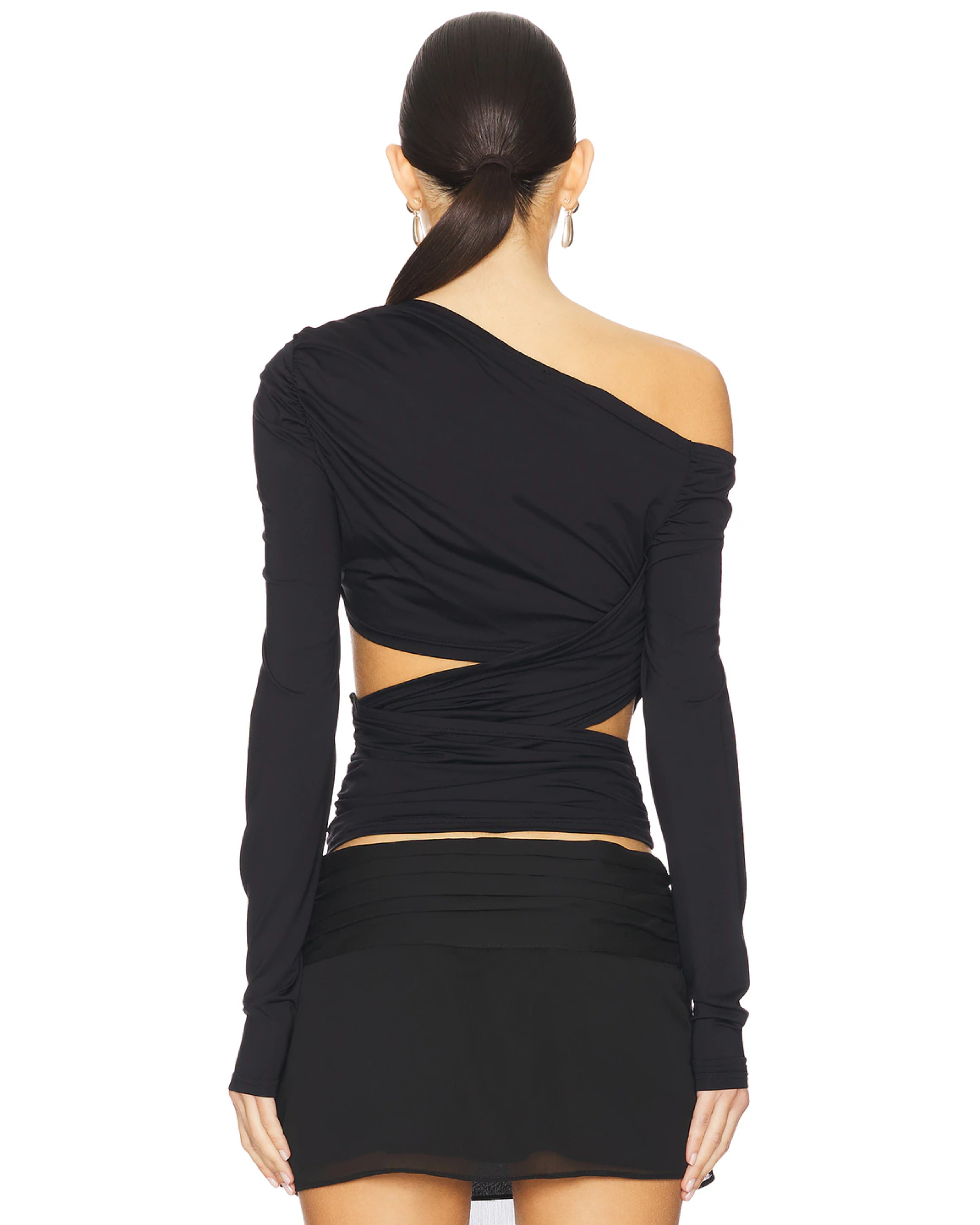 Black asymmetrical one-shoulder wrap top with ruched detailing and cutout back — Lioness | Endless UAE
