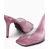 Pink metallic leather mule sandal with clear PVC upper and high heel — Nass | Endless UAE
