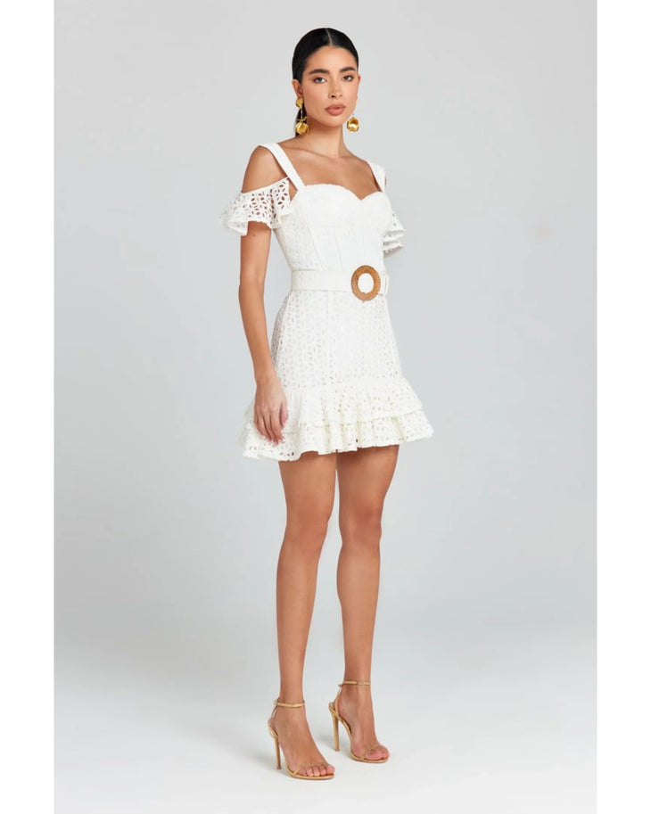 White lace cold-shoulder dress with ruffled hem and woven belt — Nadine Merabi | Endless UAE
