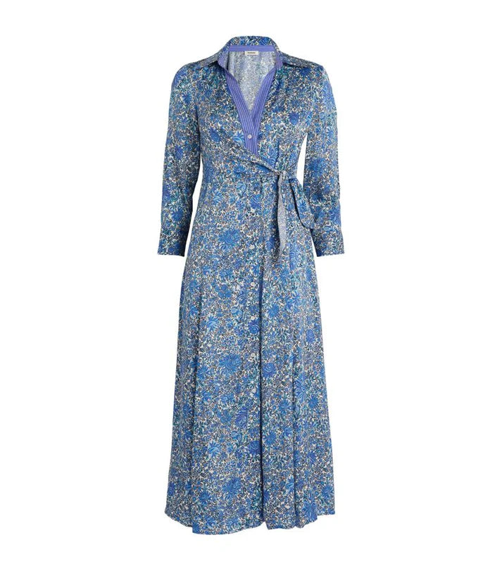 Blue floral print wrap midi dress with three-quarter sleeves and tie waist detail — Sandro | Endless UAE