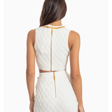 White knit crop top with diamond pattern and gold chain neckline — Elisabetta Franchi | Endless UAE