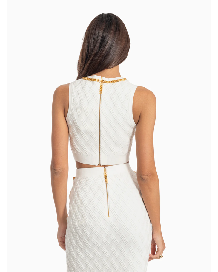 White knit crop top with diamond pattern and gold chain neckline — Elisabetta Franchi | Endless UAE