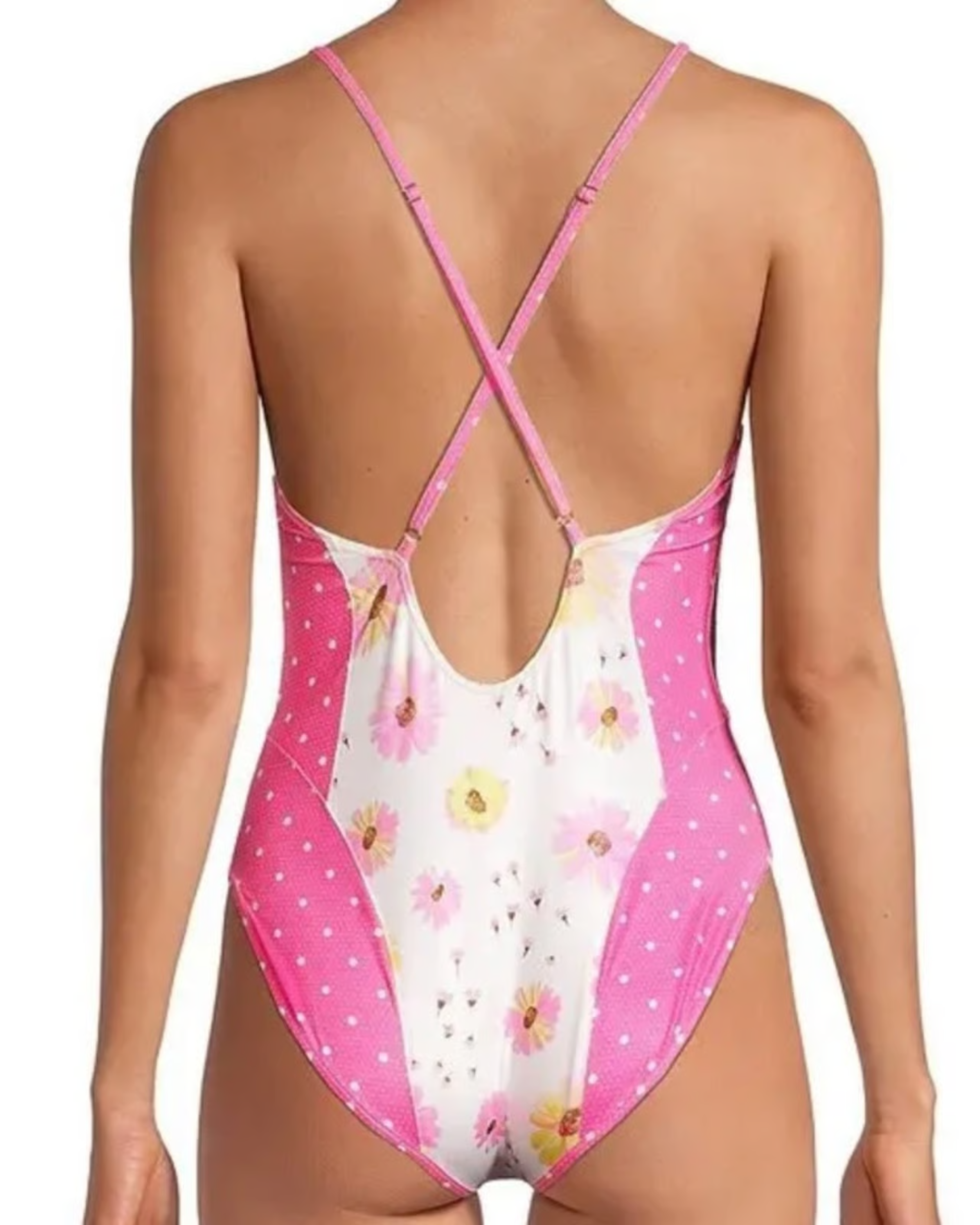 Pink and white floral one piece swimsuit with polka dot side panels and crisscross back straps — LoveShackFancy | Endless UAE