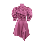 Flavia Mini Dress in mauve with ruched puff sleeves and asymmetrical skirt — Vasiliki | Endless UAE