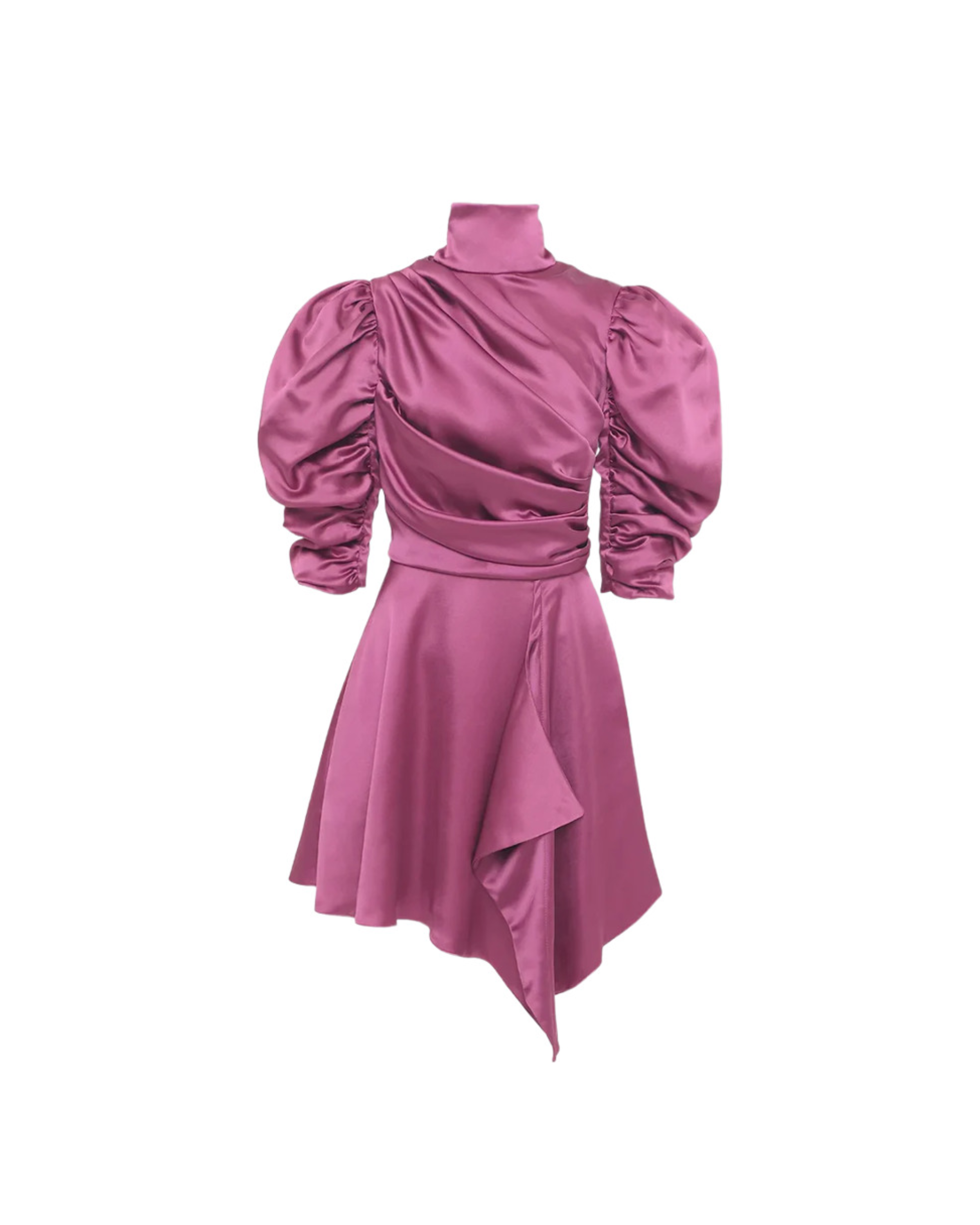Flavia Mini Dress in mauve with ruched puff sleeves and asymmetrical skirt — Vasiliki | Endless UAE