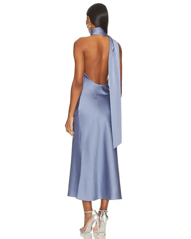 Periwinkle blue satin midi dress with high halter neck, open back and flowing neck tie detail — Misha | Endless UAE