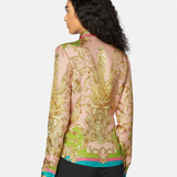 Woman wearing Barocco Goddess silk shirt in yellow with baroque print and colorful placket — Versace | Endless UAE