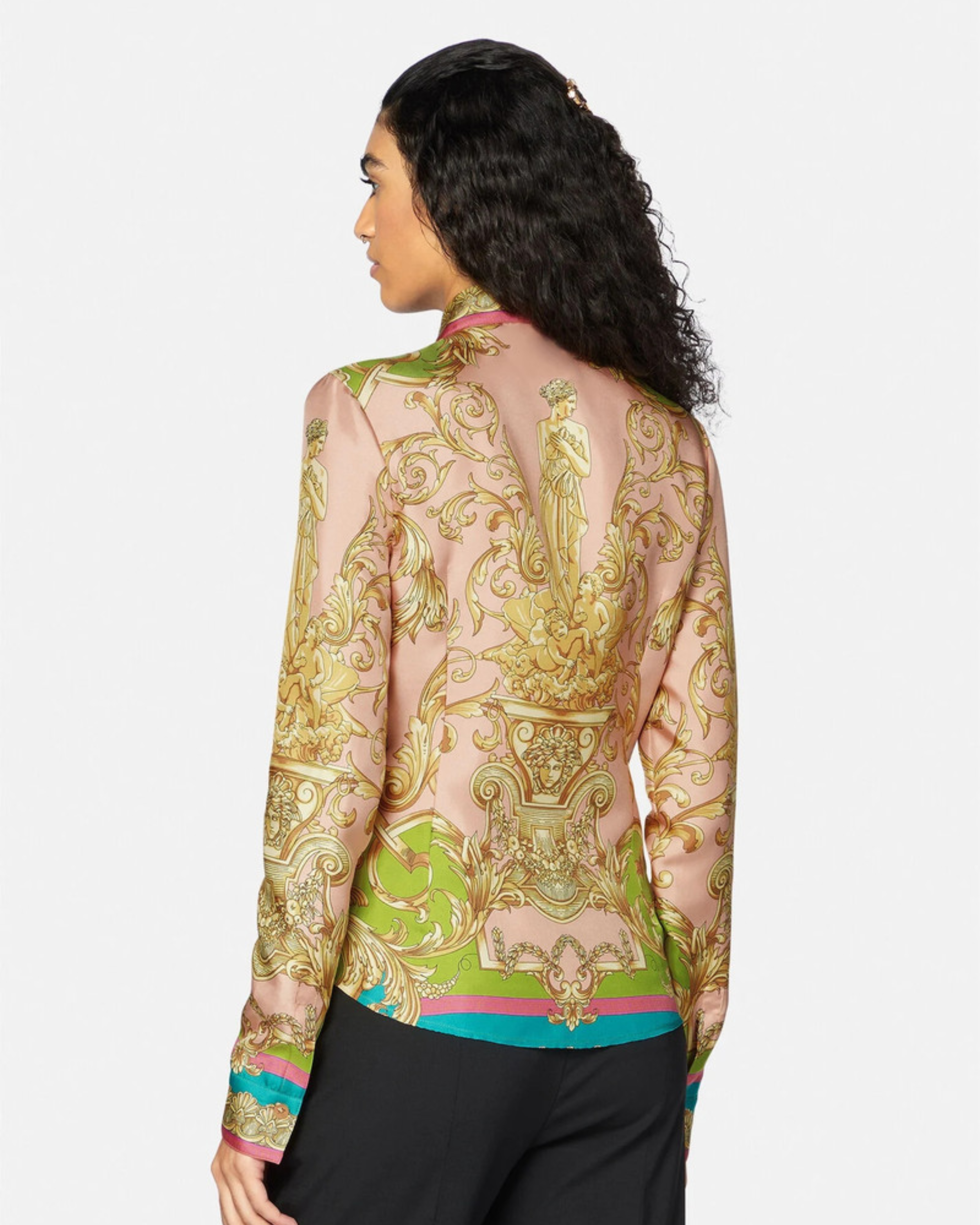 Woman wearing Barocco Goddess silk shirt in yellow with baroque print and colorful placket — Versace | Endless UAE