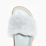 Light blue mink-fur slides with Rockstud embellishments and metallic insole — Valentino Garavani | Endless UAE