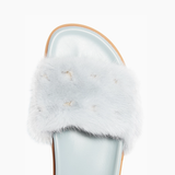 Light blue mink-fur slides with Rockstud embellishments and metallic insole — Valentino Garavani | Endless UAE