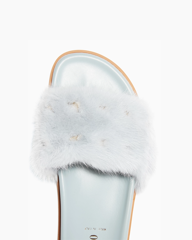 Light blue mink-fur slides with Rockstud embellishments and metallic insole — Valentino Garavani | Endless UAE