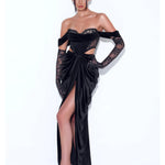 Elegant black velvet gown with lace corset bodice, off-shoulder sleeves, cutout waist, draped skirt and high slit — Miss Circle | Endless UAE