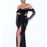 Elegant black velvet gown with lace corset bodice, off-shoulder sleeves, cutout waist, draped skirt and high slit — Miss Circle | Endless UAE