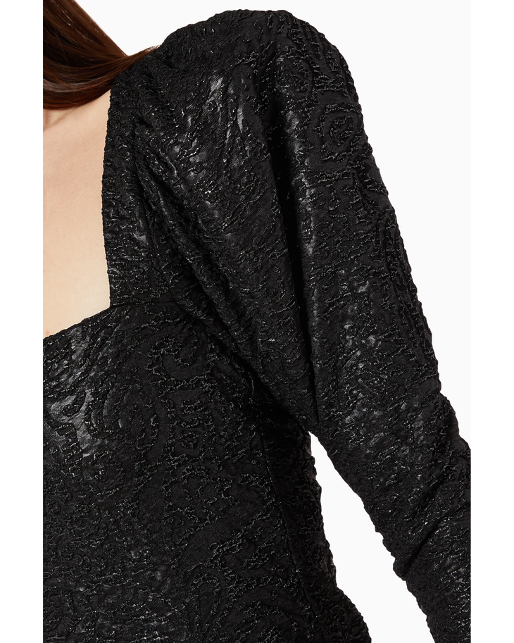 Black sparkle square-neck long-sleeve top with puffed shoulders — Rotate Birger Christensen | Endless UAE