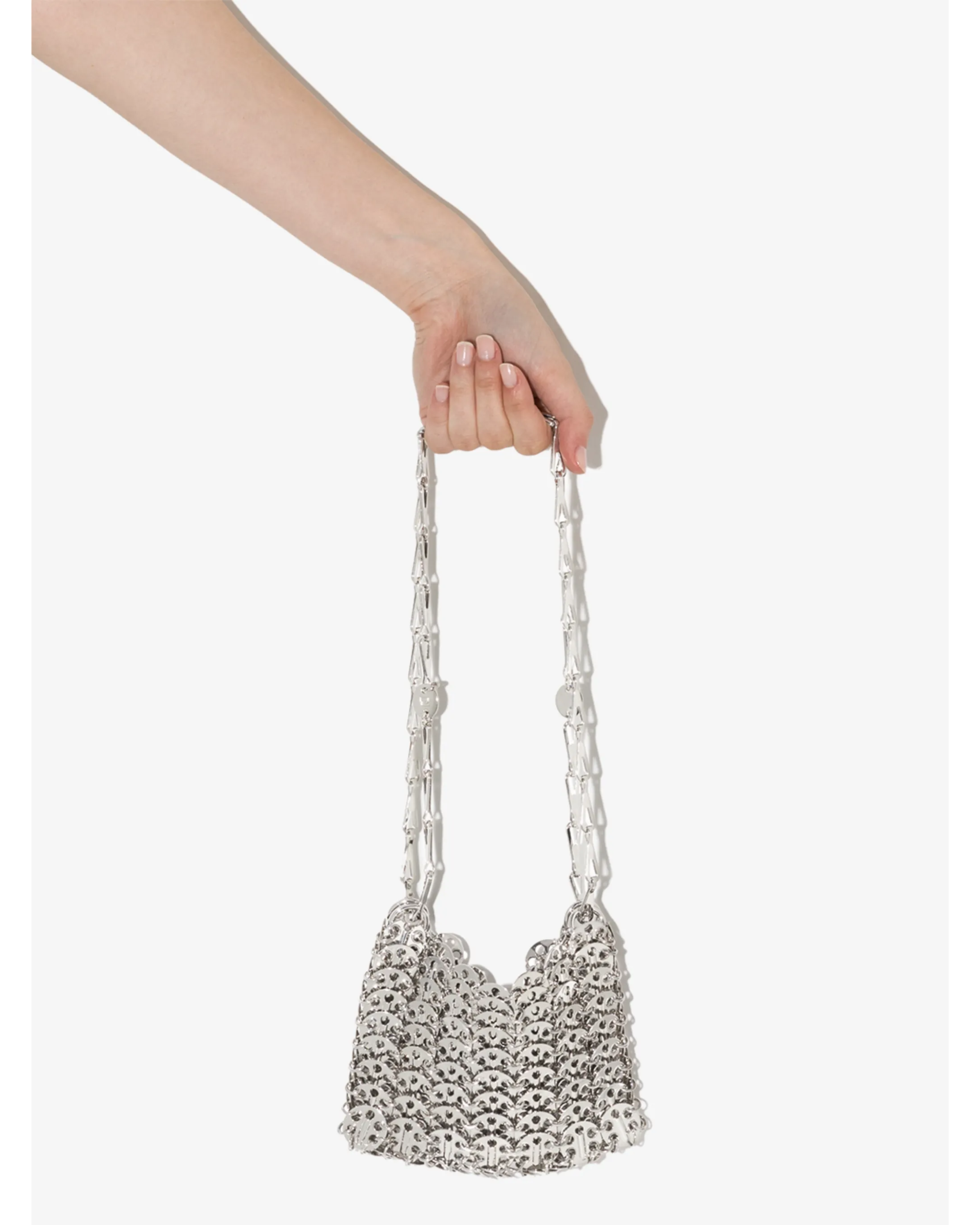 Silver chainmail nano shoulder bag with scalloped edge detail — Rabanne | Endless UAE
