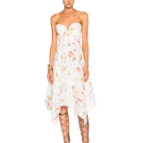 White floral print strapless bustier dress with asymmetric hem and eyelet lace trim details — Zimmermann | Endless UAE