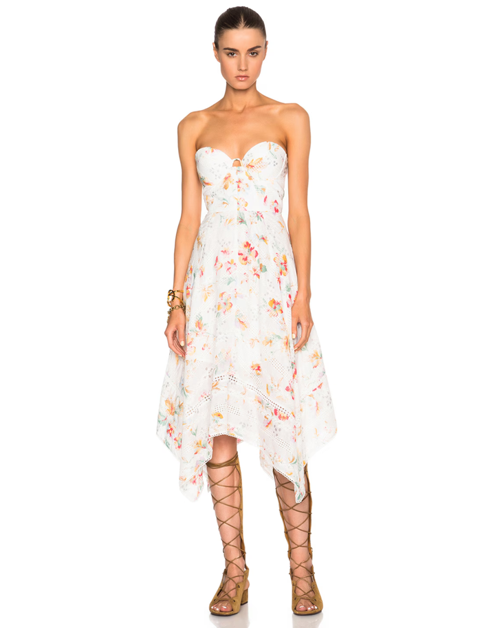 White floral print strapless bustier dress with asymmetric hem and eyelet lace trim details — Zimmermann | Endless UAE