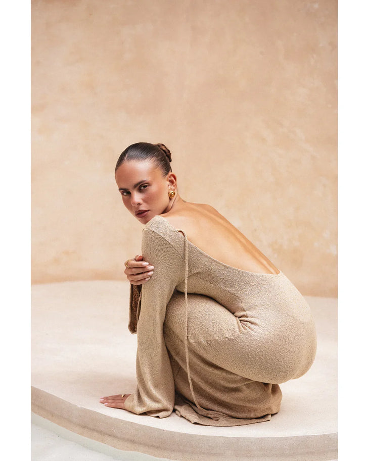 Farah Dress in beige knit with keyhole neckline detail — Miharo | Endless UAE