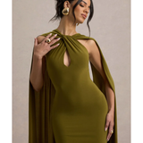 Rhoda Twist Halter-Neck Cape Maxi Dress