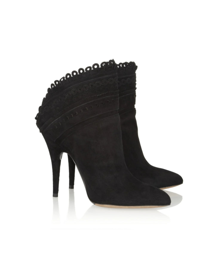 Black suede ankle boots with scalloped lace trim and stiletto heel — Tabitha Simmons | Endless UAE