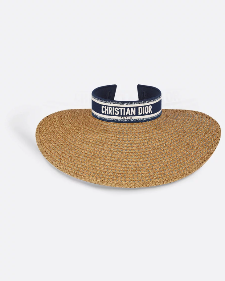 Tan woven visor with navy Christian Dior ribbon band and black toile scarf detail — Dior | Endless UAE