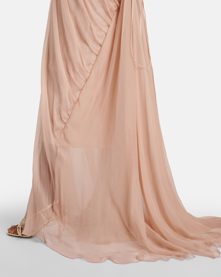 Blush pink silk gown with draped details and flowing train, featuring delicate gathering and floor-length hem — Maria Lucia Hohan | Endless UAE