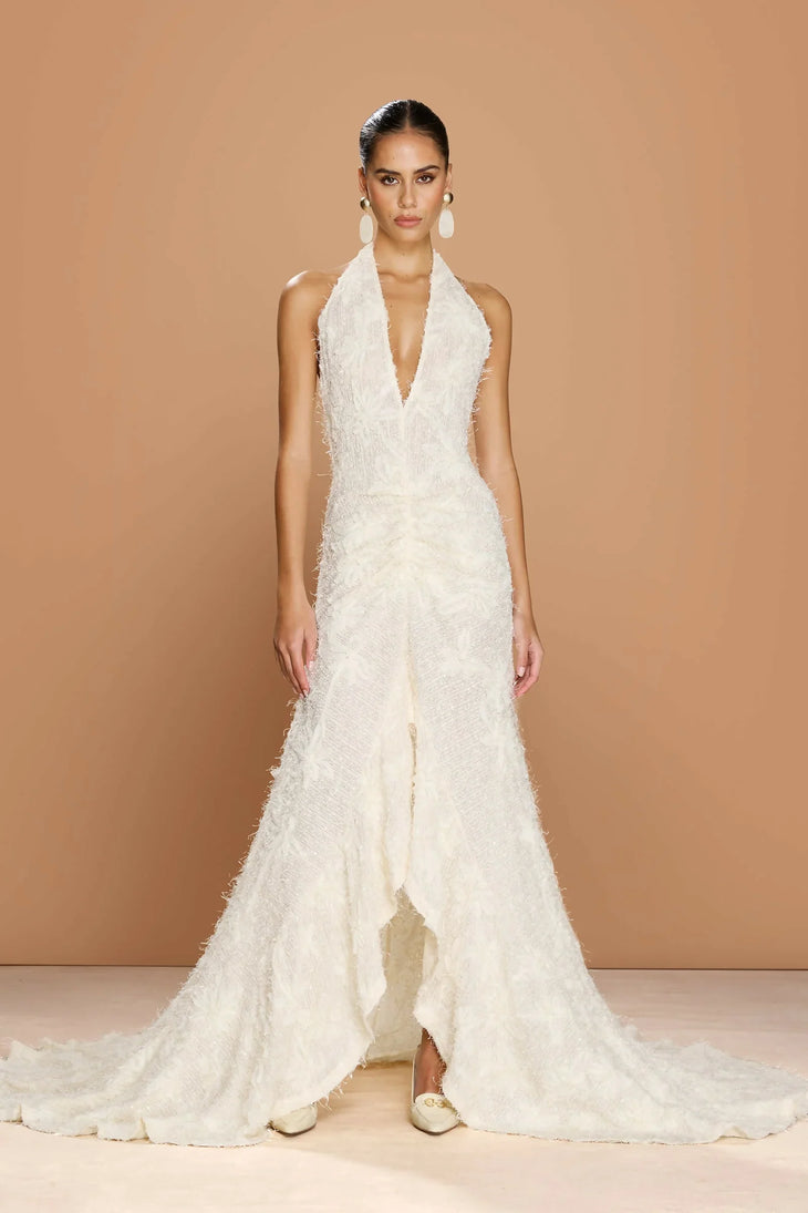 Noorah Gown white halter neck beaded wedding dress with high-low hem — Sonya Moda | Endless UAE
