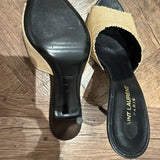 Beige canvas LA 16 mules with black leather trim and heel — Yves Saint Laurent | Endless UAE