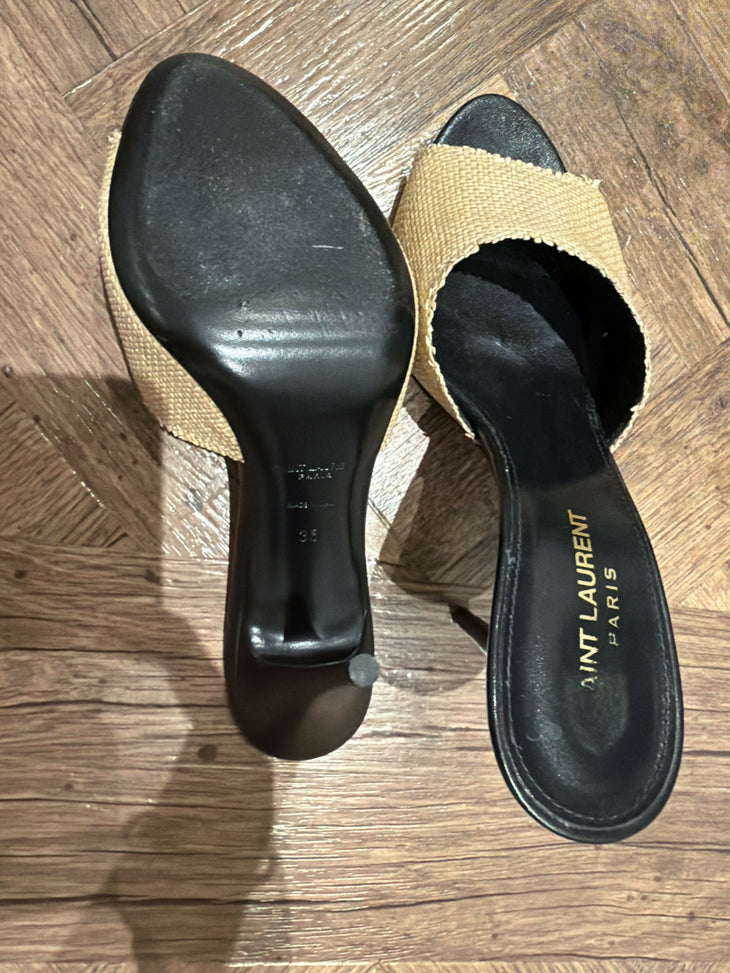 Beige canvas LA 16 mules with black leather trim and heel — Yves Saint Laurent | Endless UAE