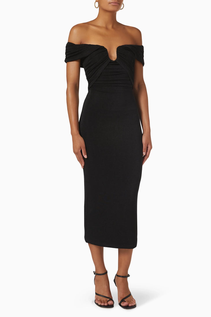 Black off-shoulder ruched midi dress with fitted silhouette — Misha | Endless UAE