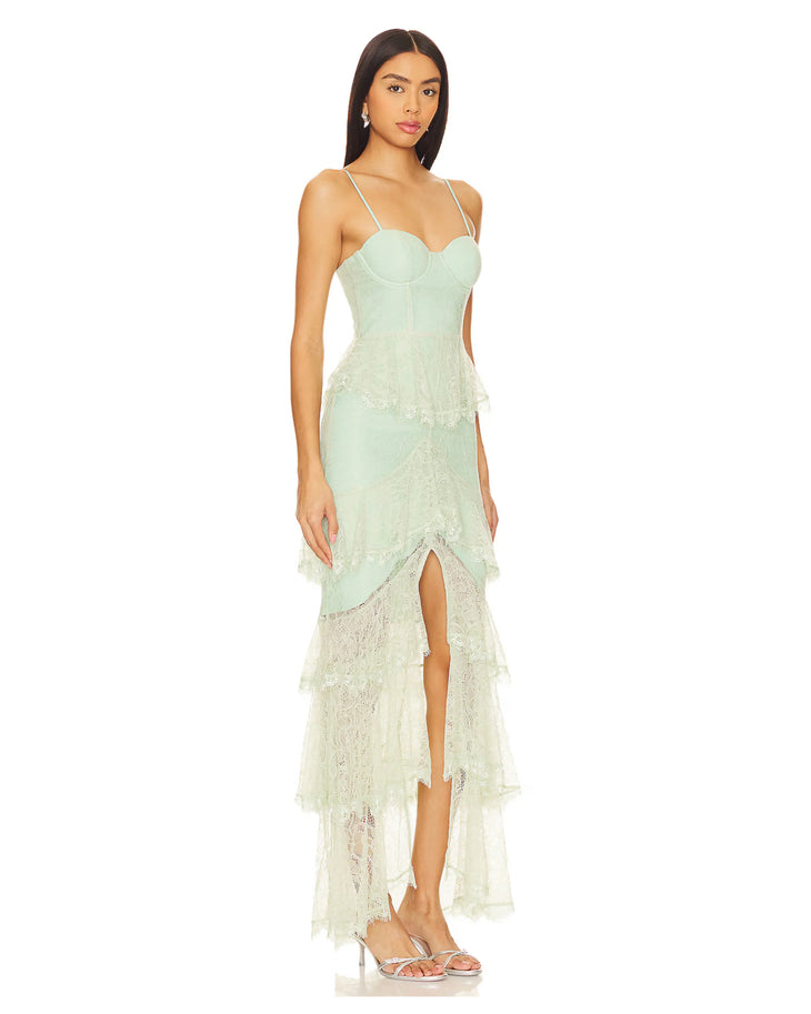 Zelda Fitz Gown in sage green lace with tiered layers and spaghetti straps — Majorelle | Endless UAE
