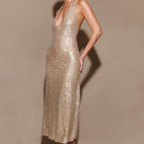 Champagne sequin halter midi dress with plunging neckline — Endless | Endless UAE
