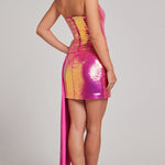 Hot pink sequin strapless mini dress with gold accents and trailing fabric detail — Nadine Merabi | Endless UAE