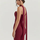 Burgundy mesh two-piece gown with choker neckline and ruched bodycon silhouette — Almond Muse | Endless UAE