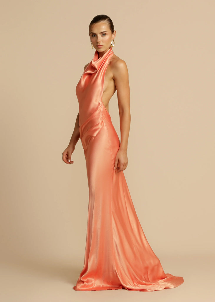 Elegant coral silk halter gown with cowl neckline and flowing train — Arcina Ori | Endless UAE