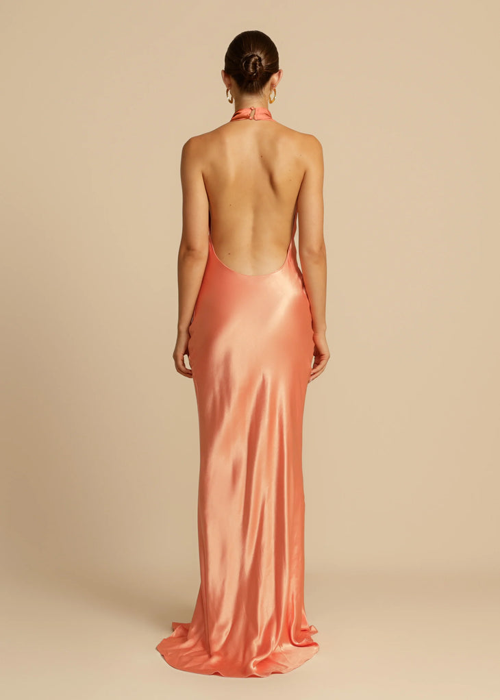 Coral silk halter neck gown with low back and floor length hem — Arcina Ori | Endless UAE