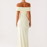 Cream off-shoulder maxi dress with ruched detailing and fitted silhouette — Peppermayo | Endless UAE