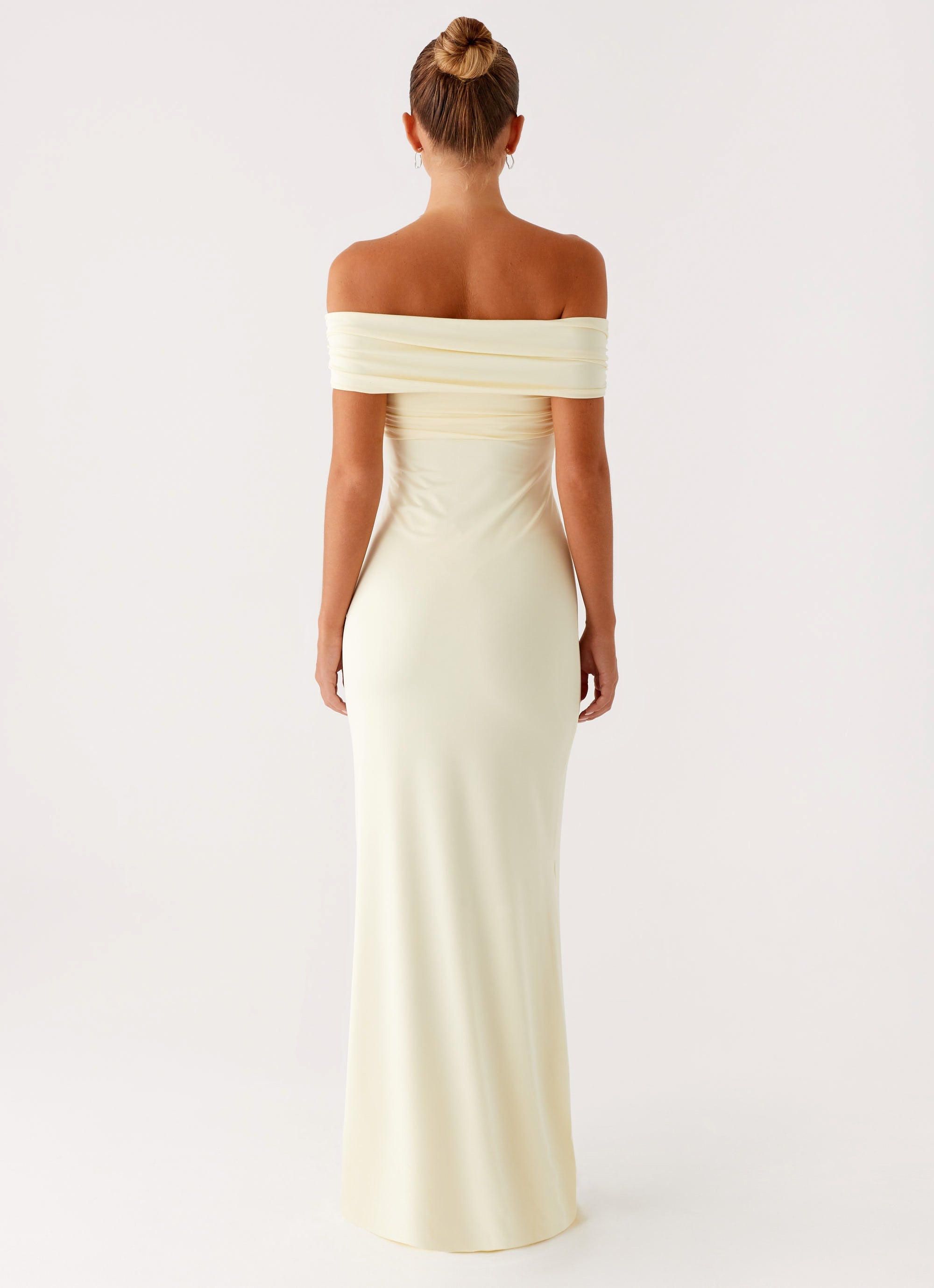 Cream off-shoulder maxi dress with ruched detailing and fitted silhouette — Peppermayo | Endless UAE