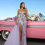 Lavender sequined off-shoulder gown with high slit and tulle overlay train - Catwalk Couture | Endless UAE