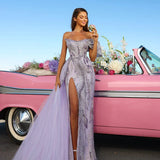 Lavender sequined off-shoulder gown with high slit and tulle overlay train - Catwalk Couture | Endless UAE