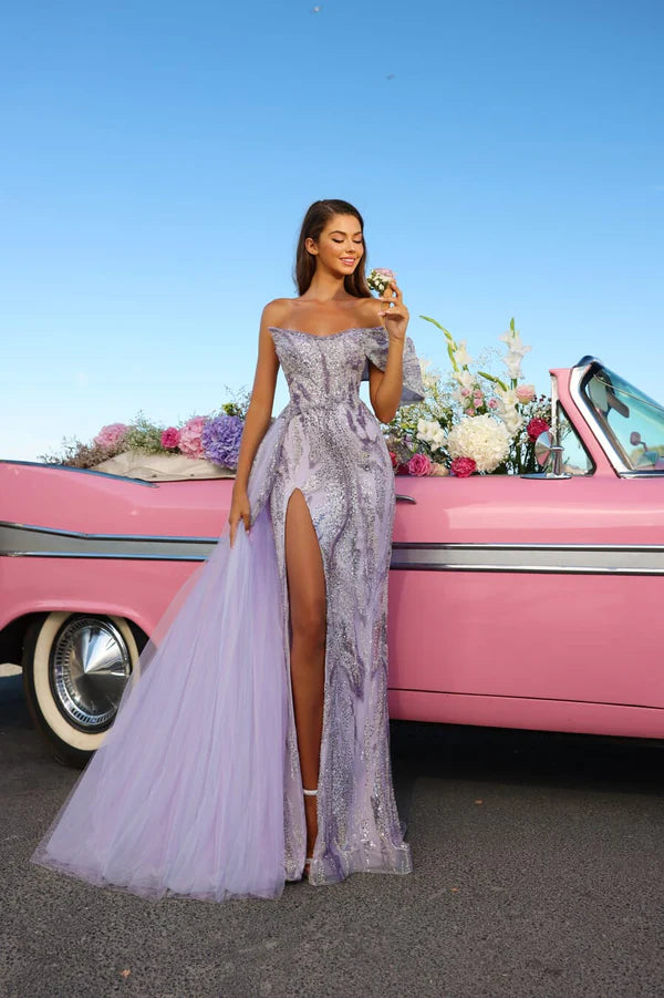 Lavender sequined off-shoulder gown with high slit and tulle overlay train - Catwalk Couture | Endless UAE