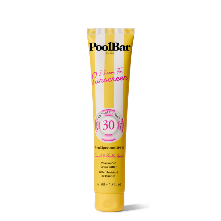 Yellow tube of PoolBar London SPF 30 mineral sunscreen with pink circular badge and striped design — PoolBar London | Endless UAE