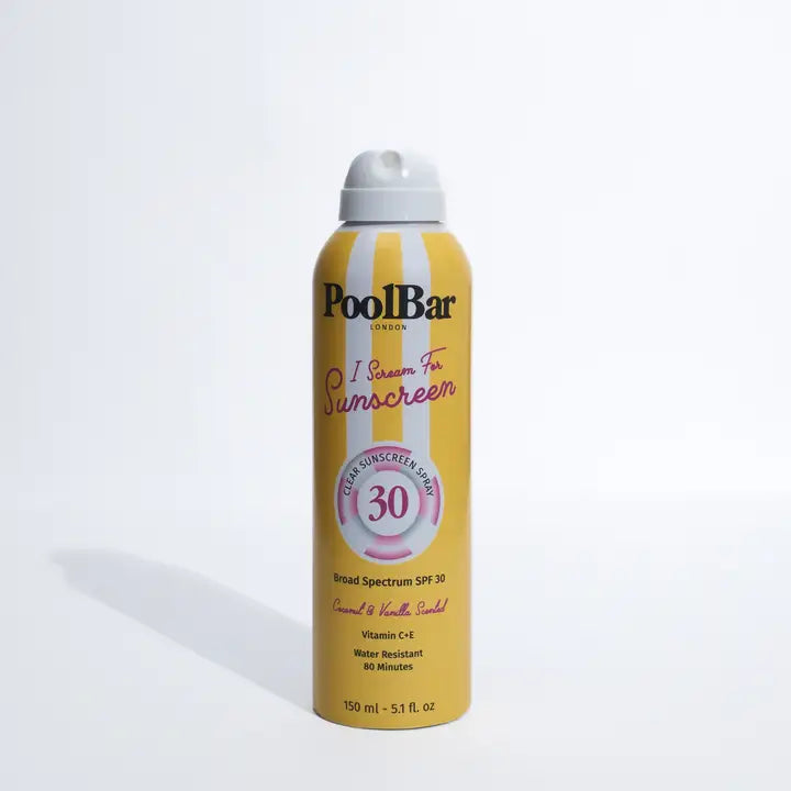 I Scream For Sunscreen SPF 30 spray bottle with yellow and white striped design — PoolBar London | Endless UAE